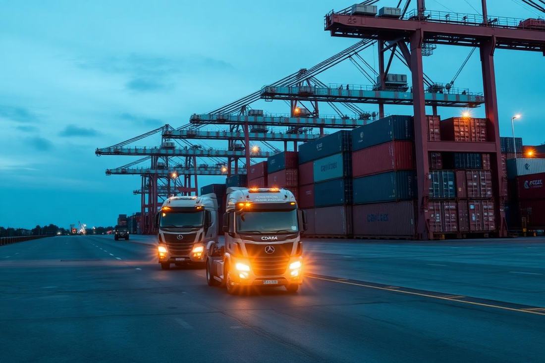 Container terminal and truck fleet at dawn